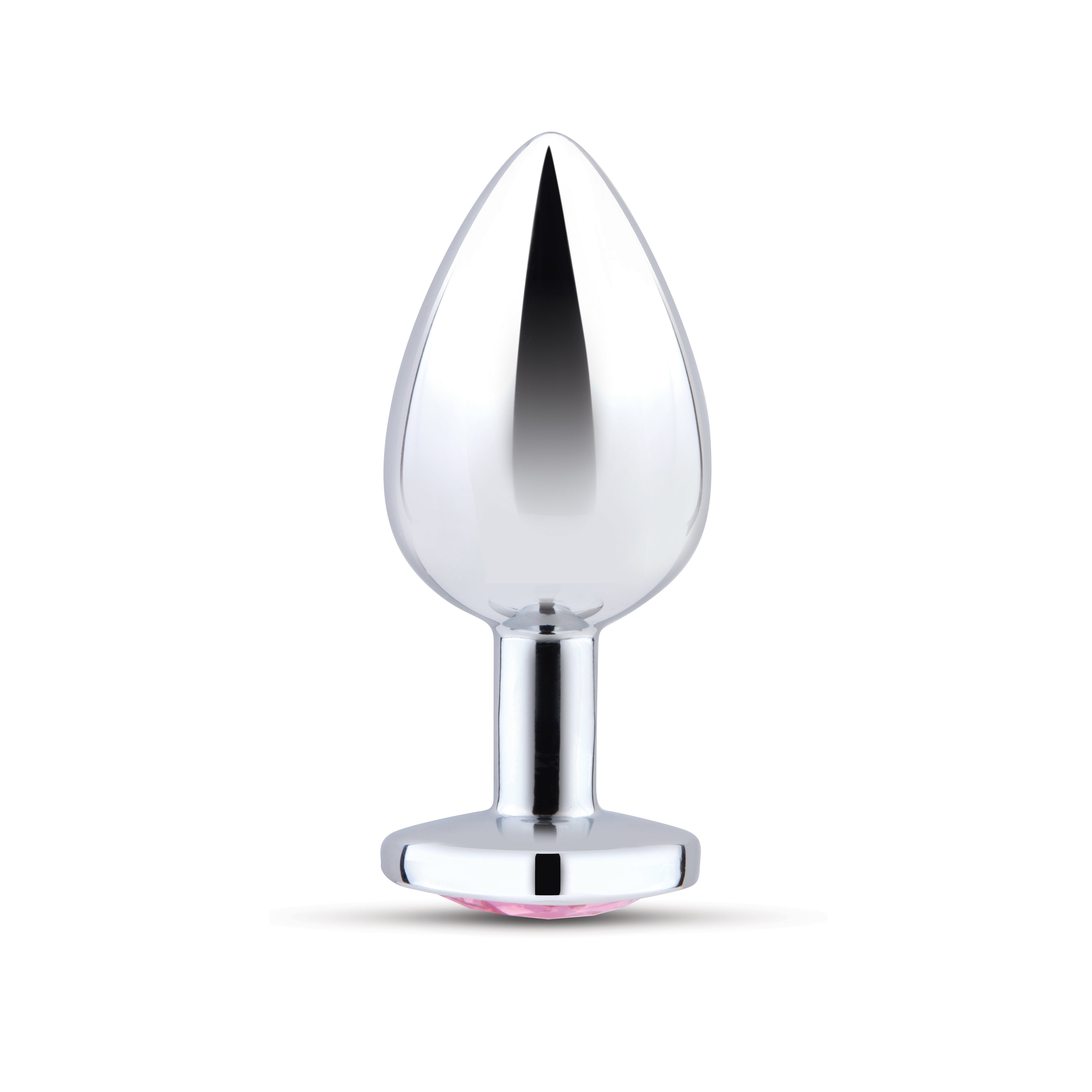 Silver metal anal plug with a pink jewel at the base.