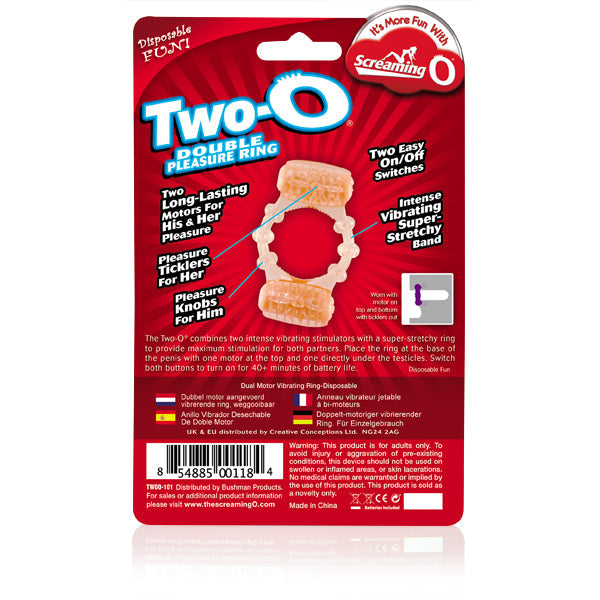 Two-O dual-motor vibrating pleasure ring with ticklers.