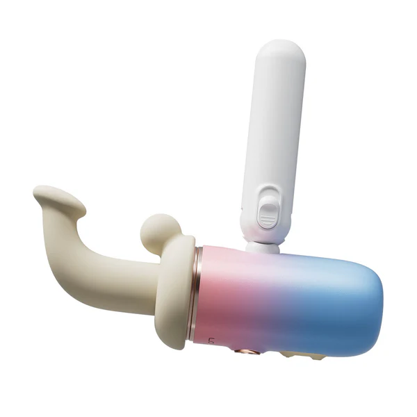 App-controlled vibrator with a pink and blue gradient and a white attachment.