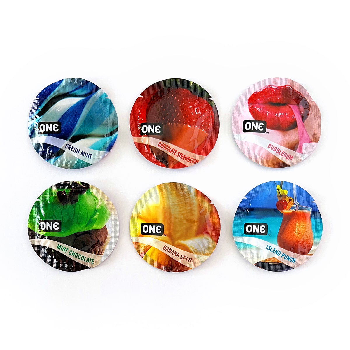 Six assorted ONE condoms with flavors: Fresh Mint, Chocolate Strawberry, Bubblegum, Mint Chocolate, Banana Split, and Island Punch.