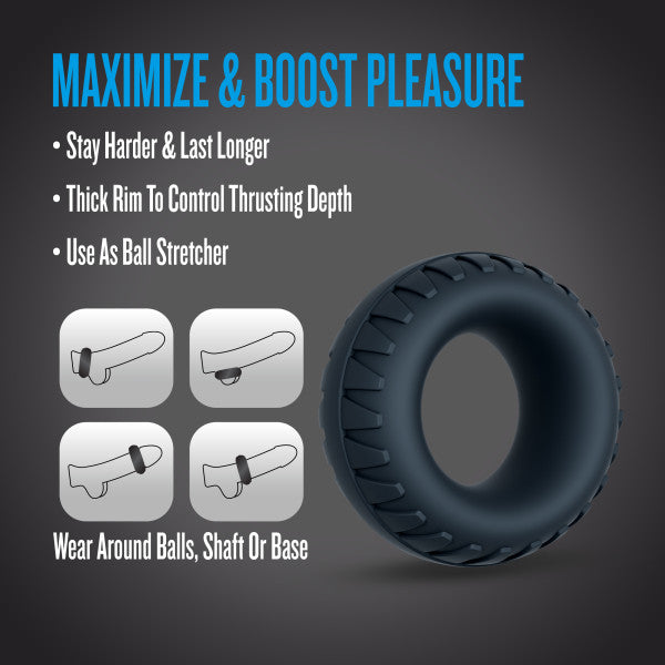 Textured black silicone cock ring and ball stretcher with four placement diagrams.