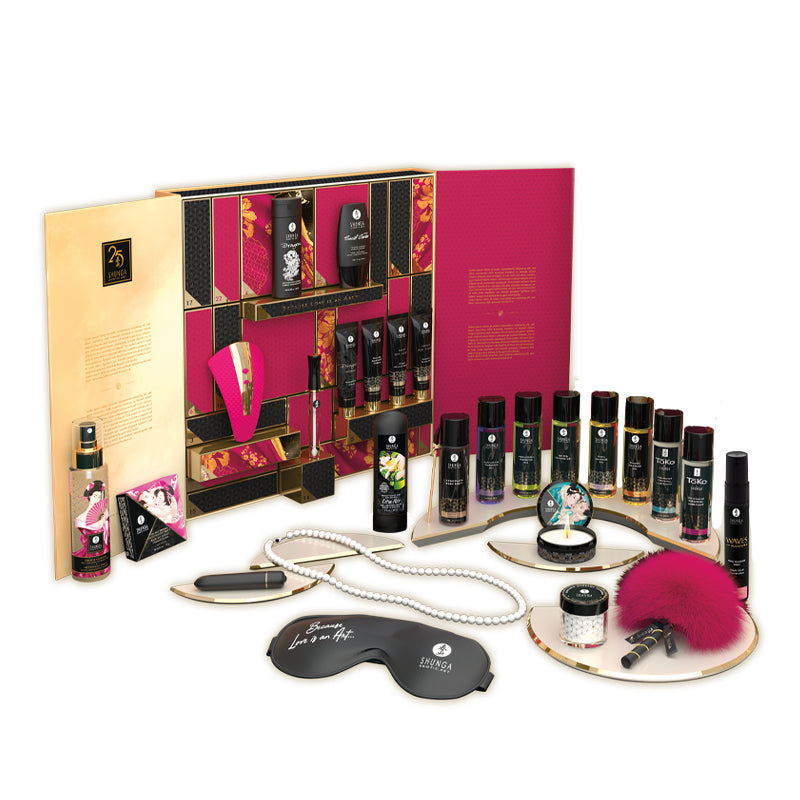 A luxury gift set with various Shunga products and accessories.