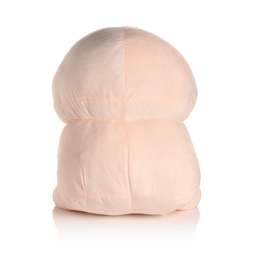 A large, light pink plush pillow shaped like a pecker.