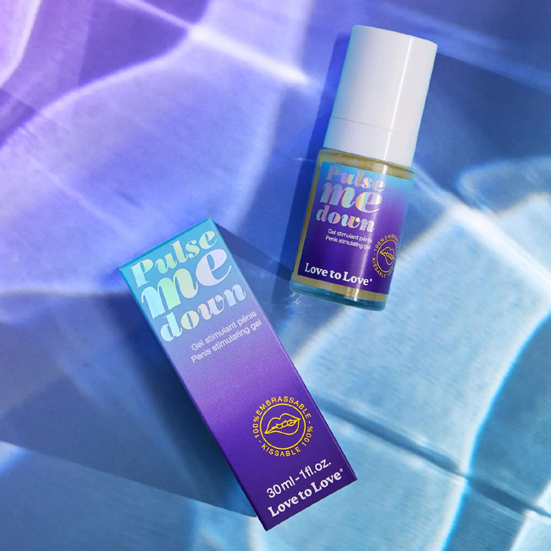 Love To Love penis stimulating gel in a bottle and box with purple and blue gradient.