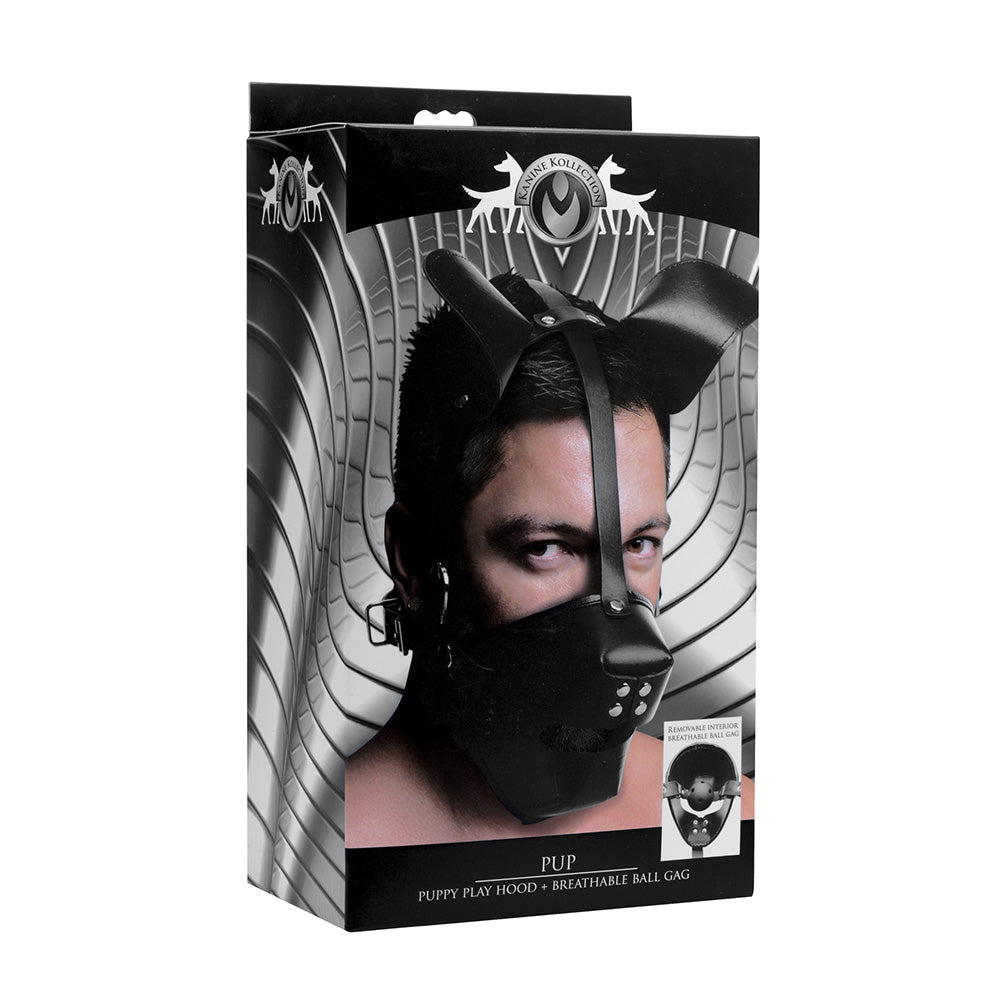 Black puppy play hood with a removable ball gag.