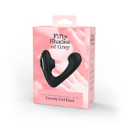 Black dual stimulator with clitoral suction and G-spot stimulation on a pink box.