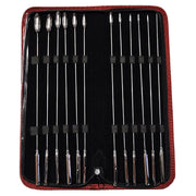 Stainless steel 12-piece rosebud dilator set in a red case.