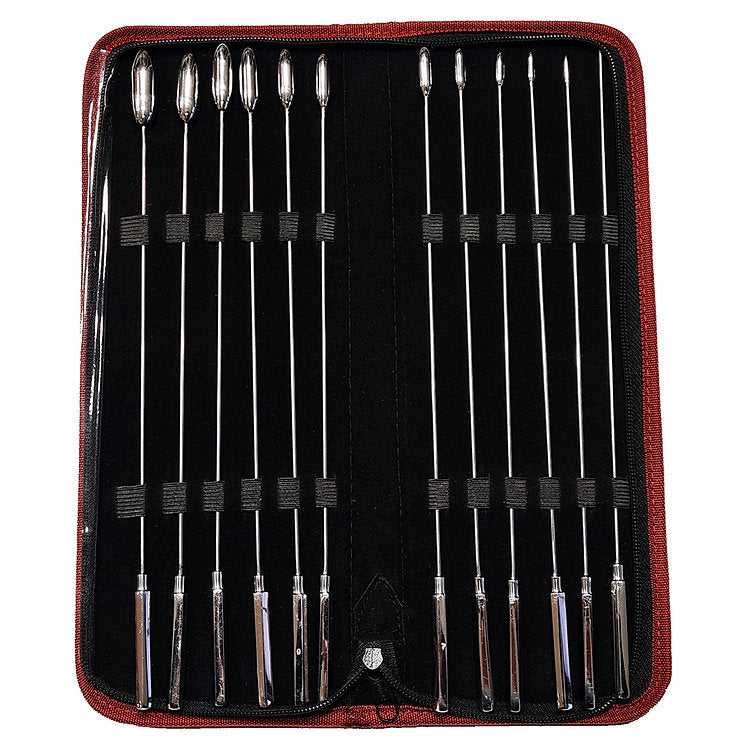 Stainless steel 12-piece rosebud dilator set in a red case.