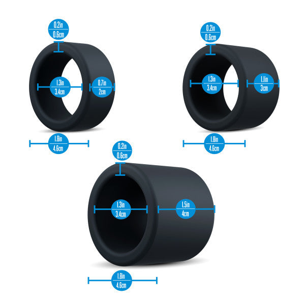 Three black silicone cock rings with size measurements.