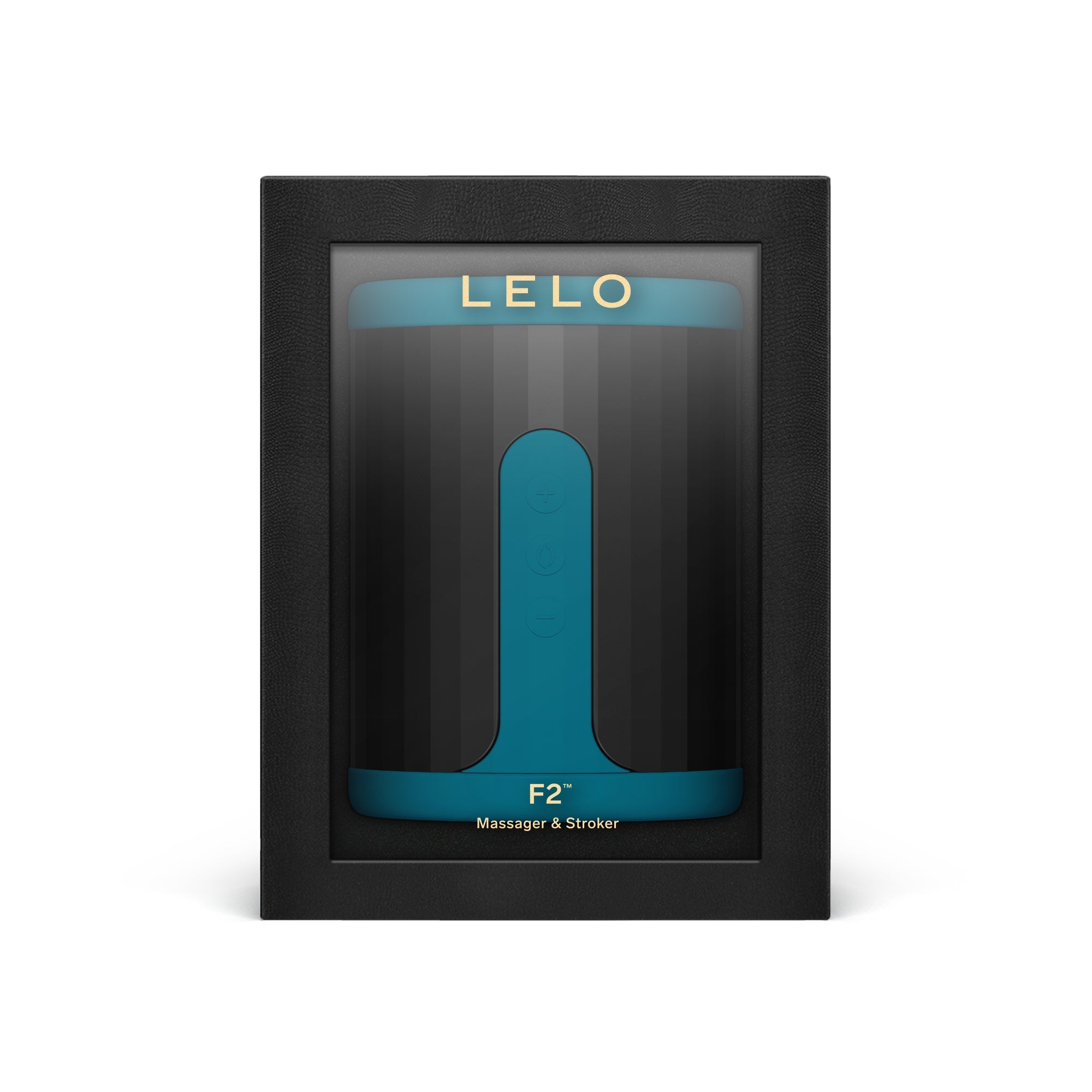 Teal Lelo F2S app-controlled liquid silicone men's stroker in a black display box.