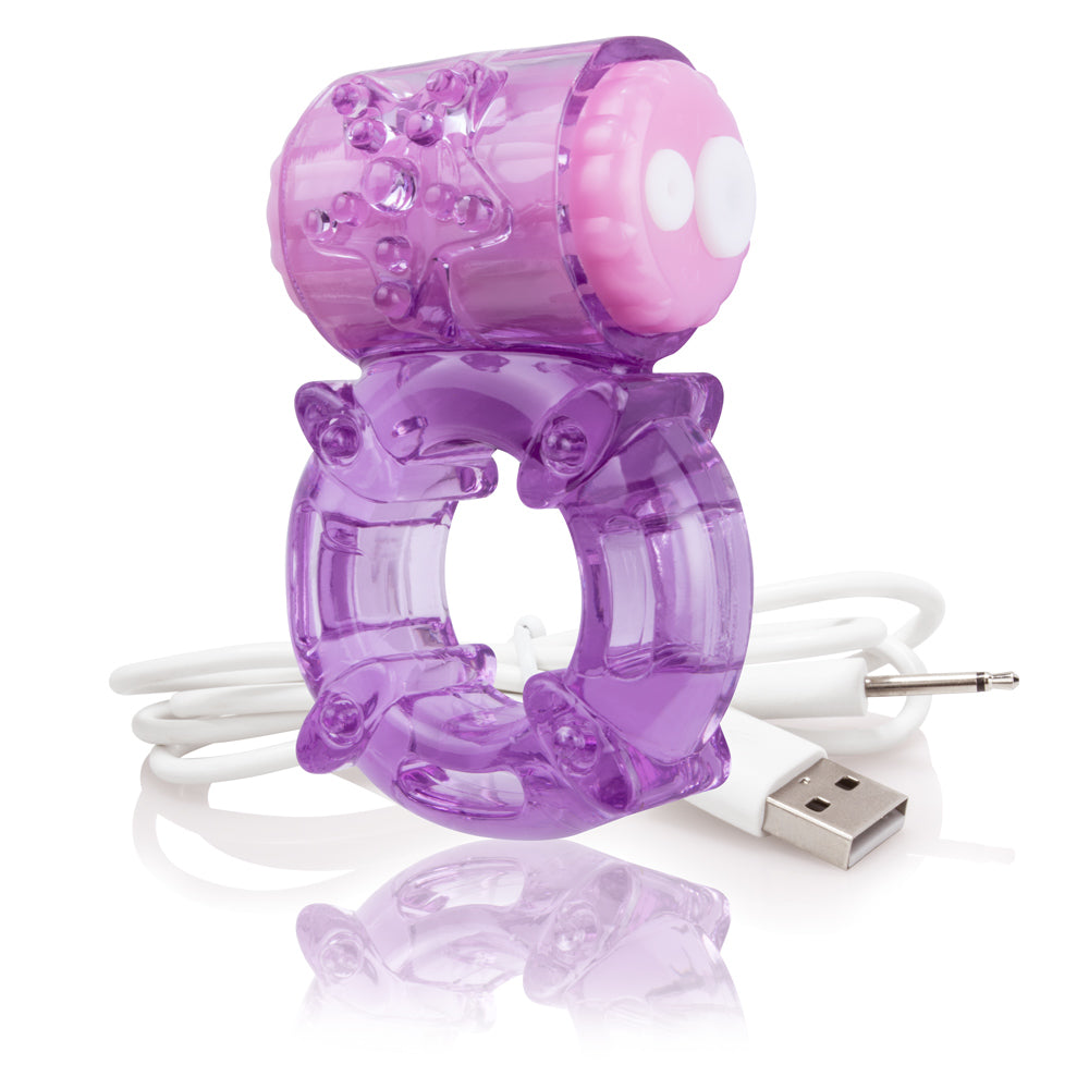 Purple vibrating cock ring with USB charging cable.