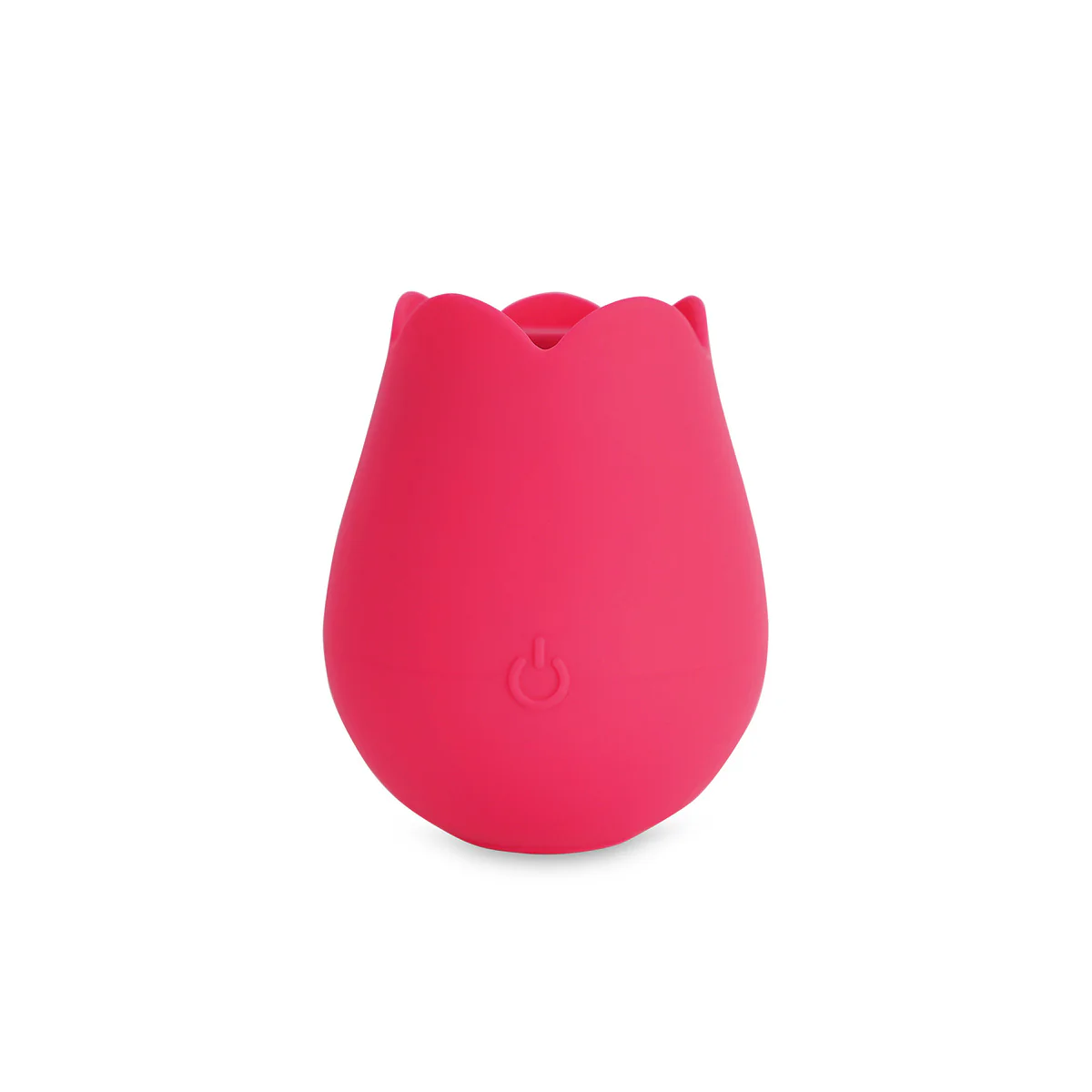 A pink rose-shaped clitoral stimulator with a power button.