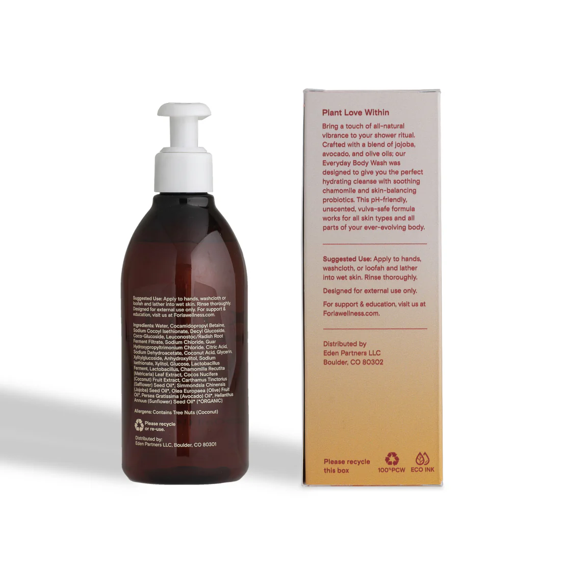 A brown bottle of Foria Hydrating Everyday Body Wash with a white pump dispenser.