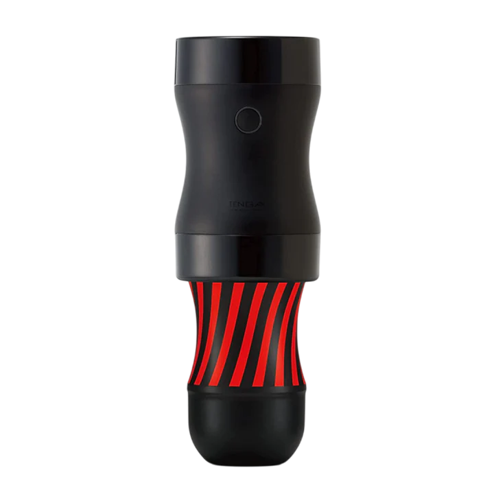 Black Tenga Gyro Roller Strong masturbator cup with red striped texture.