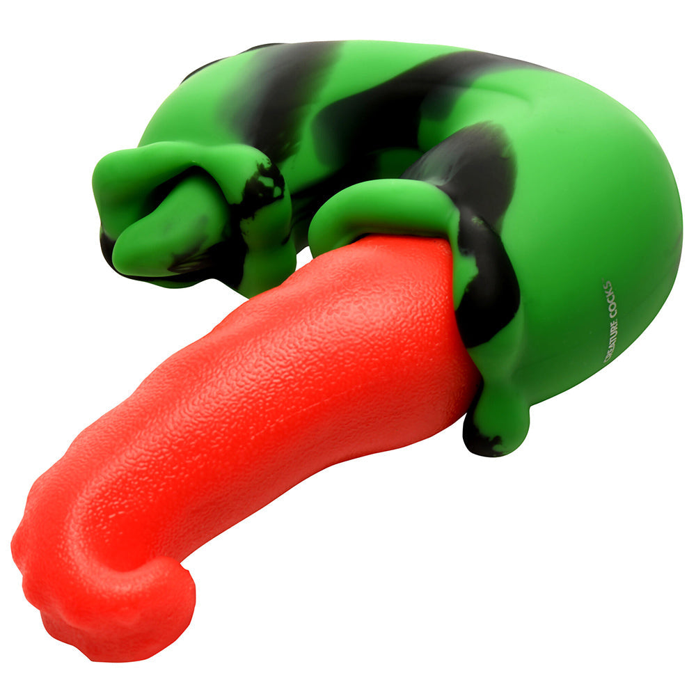 Green and black patterned vibrator with a red tongue attachment.