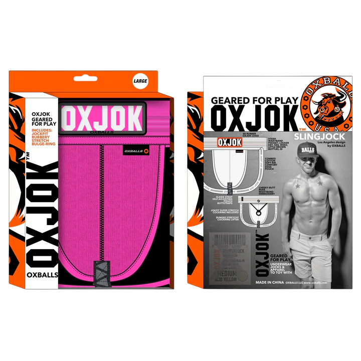 Pink Oxjok jockstrap with a large size label and a black and orange tiger stripe design.