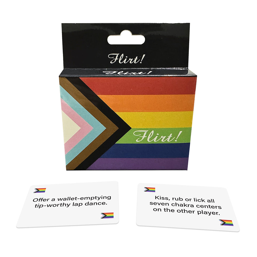 Flirt! Foreplay card game box with pride flag colors and two cards.