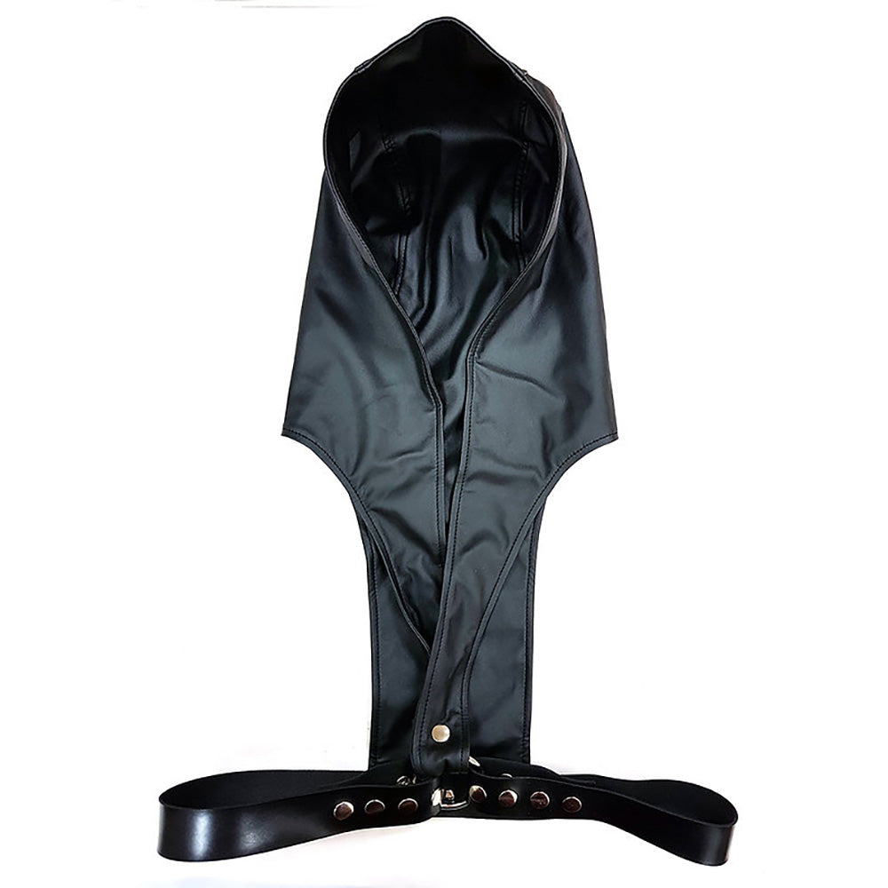 Black faux leather hoody harness with adjustable straps and metal hardware.