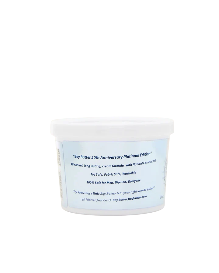 Boy Butter 20th Anniversary Platinum Edition tub with product information.