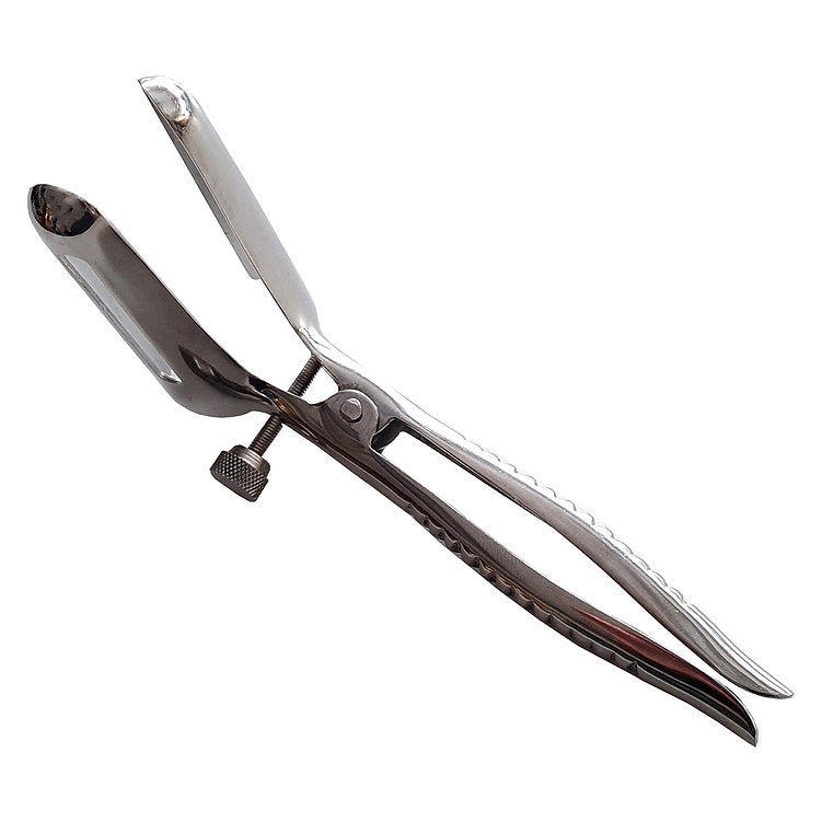 Stainless steel anal speculum with a locking screw.