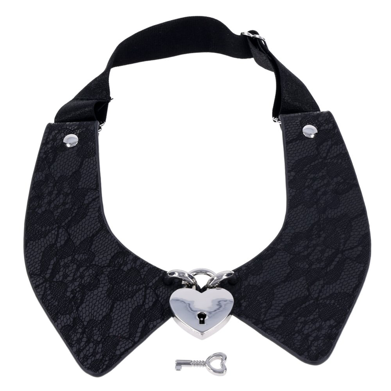 Black lace day collar with a silver heart lock and key.