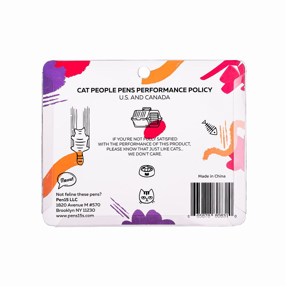 Back of a pen package with cat-themed graphics and text.
