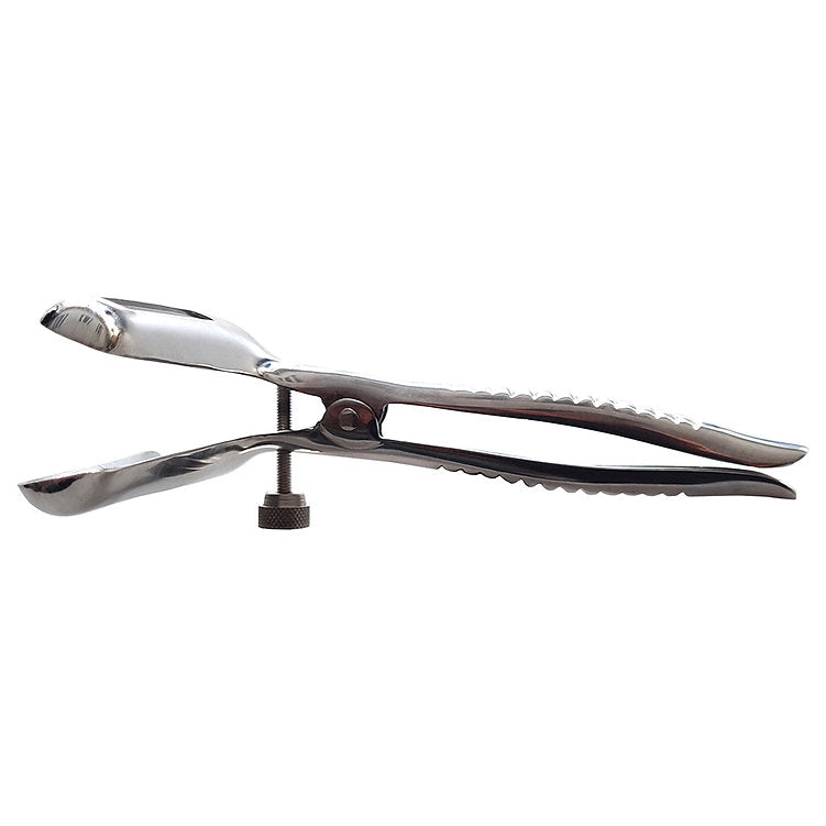 Stainless steel anal speculum with a locking screw.