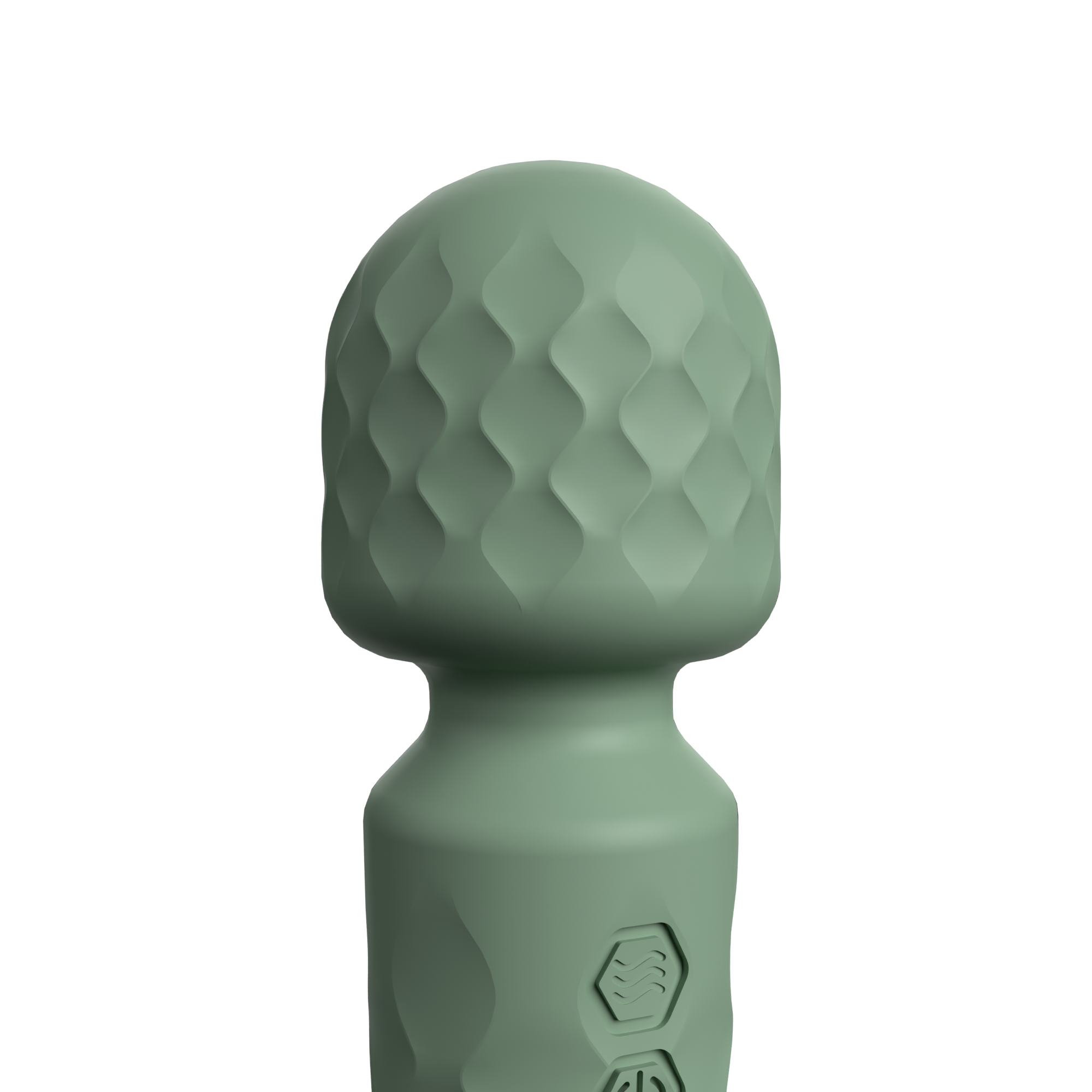 A green mini wand vibrator with a textured head and hexagonal buttons.