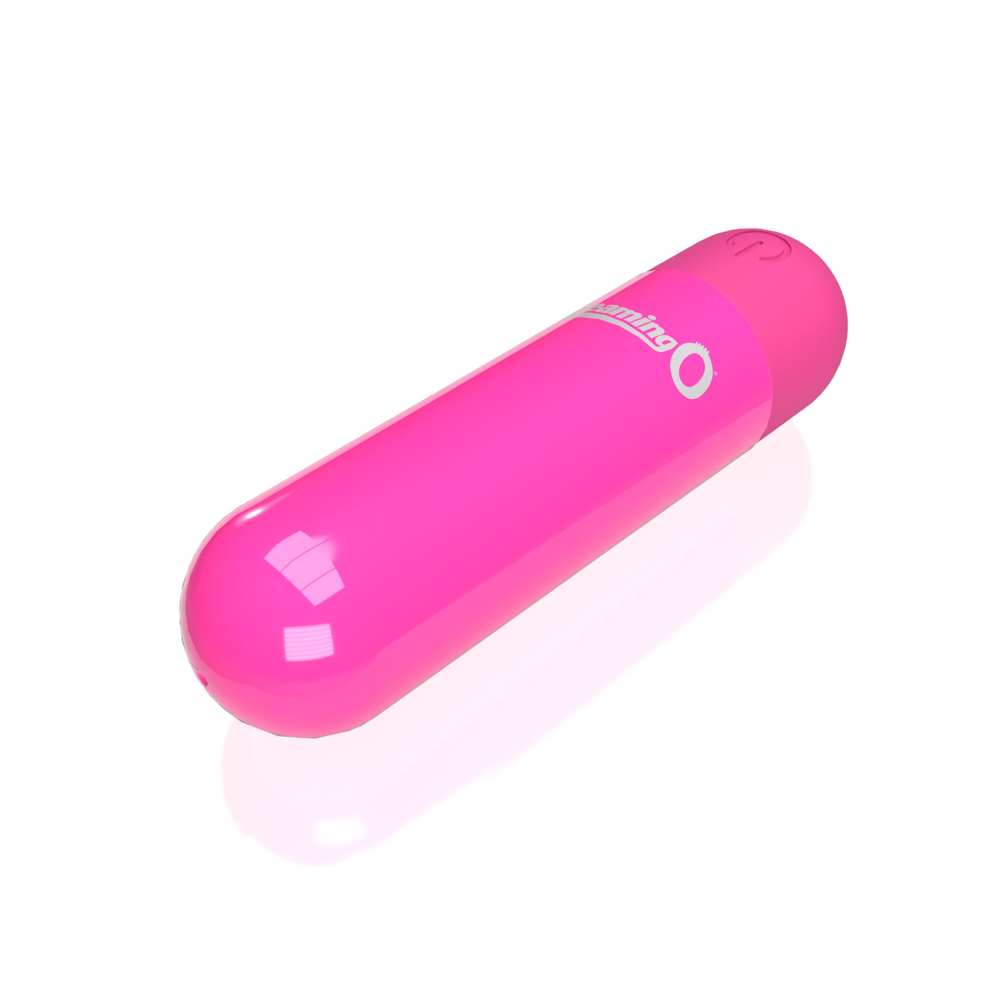A pink rechargeable bullet vibrator with a power button symbol.