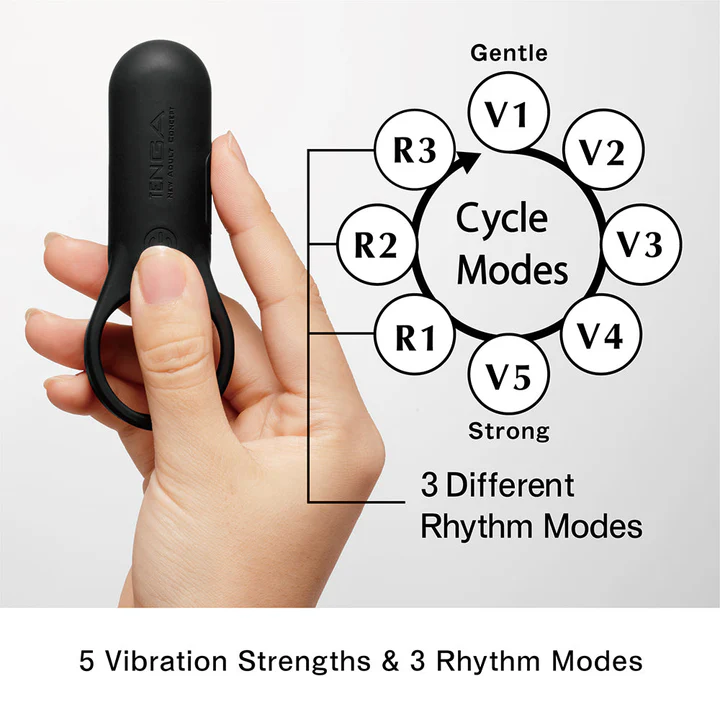 Black Tenga SVR+ vibrating cock ring with 5 vibration strengths and 3 rhythm modes.