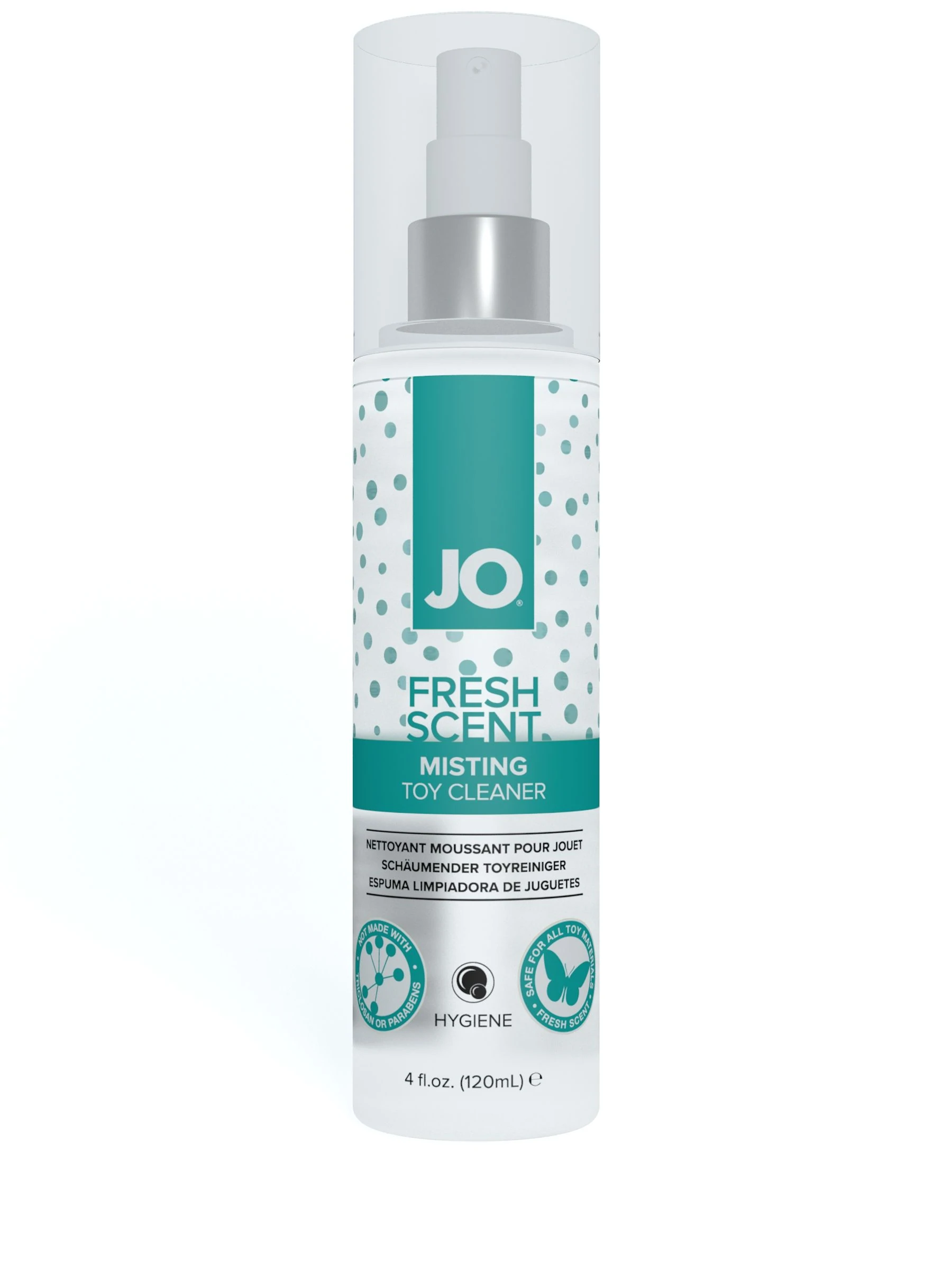 JO Fresh Scent Misting Toy Cleaner spray bottle with teal polka dots.