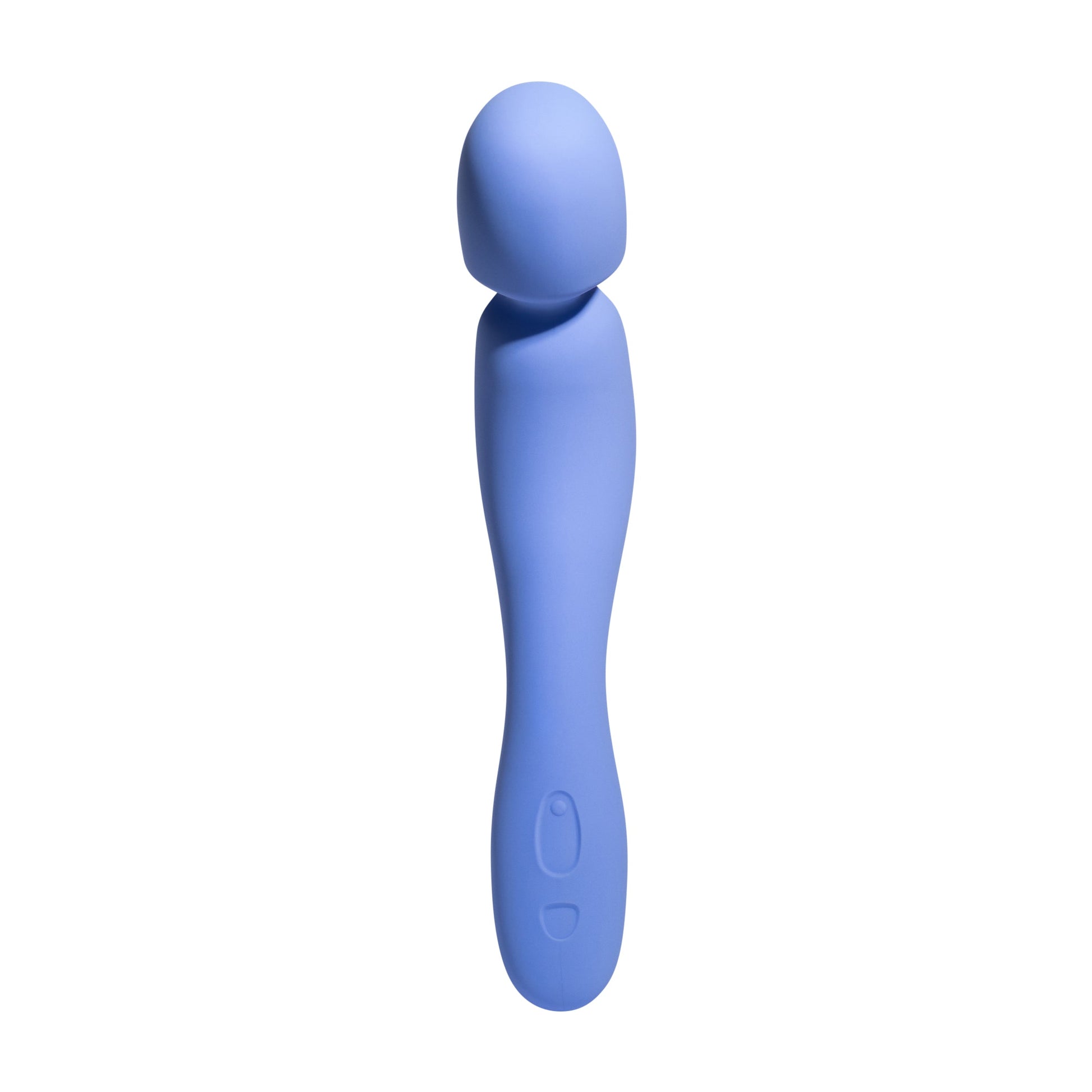 A periwinkle silicone wand vibrator with a rounded head and two buttons on the handle.