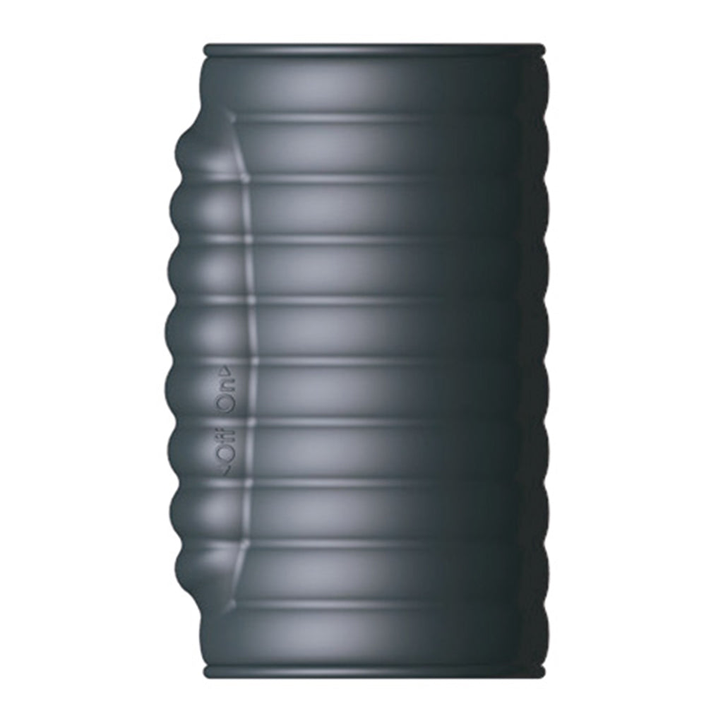 A ribbed, dark grey vibrating enhancement sleeve with text on the side.