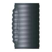 A ribbed, dark grey vibrating enhancement sleeve with text on the side.