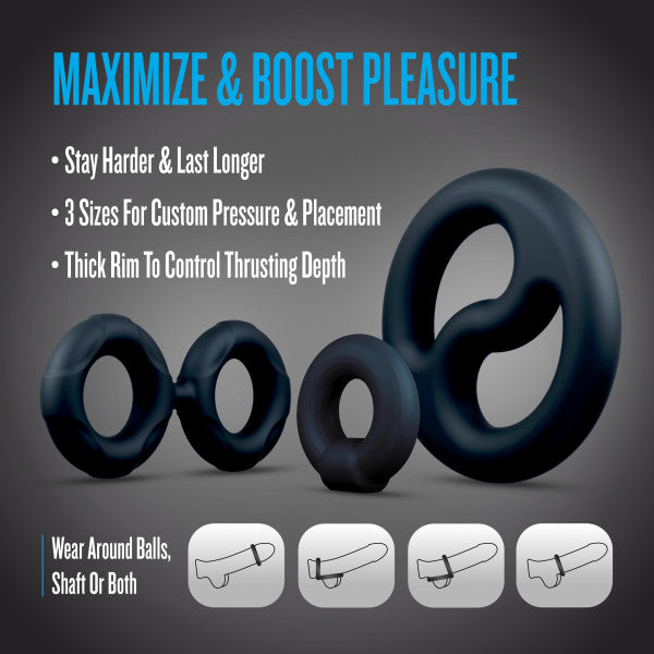 A set of three black silicone rings of varying sizes for cock and ball stretching.