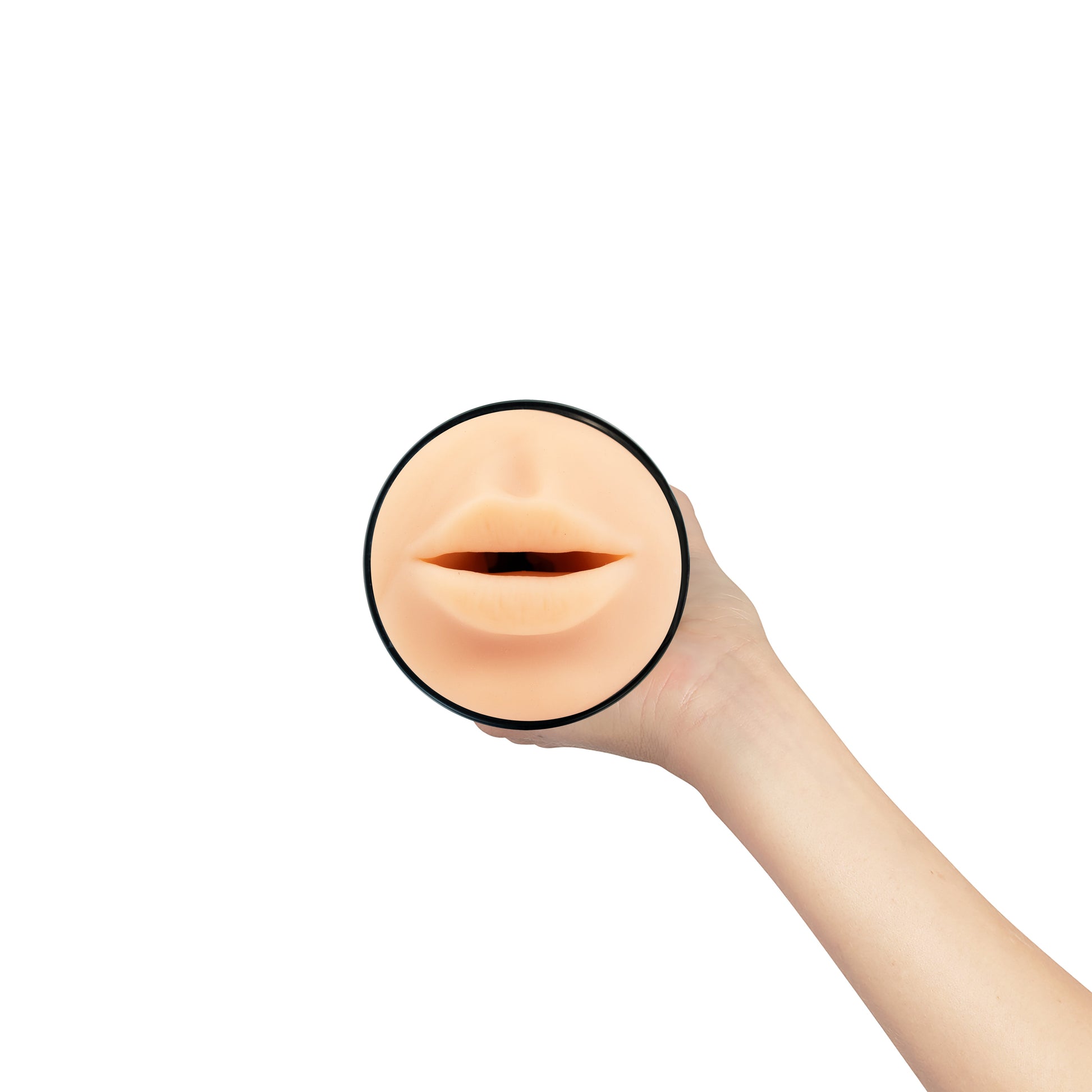 A hand holds a realistic mouth stroker with a black rim.