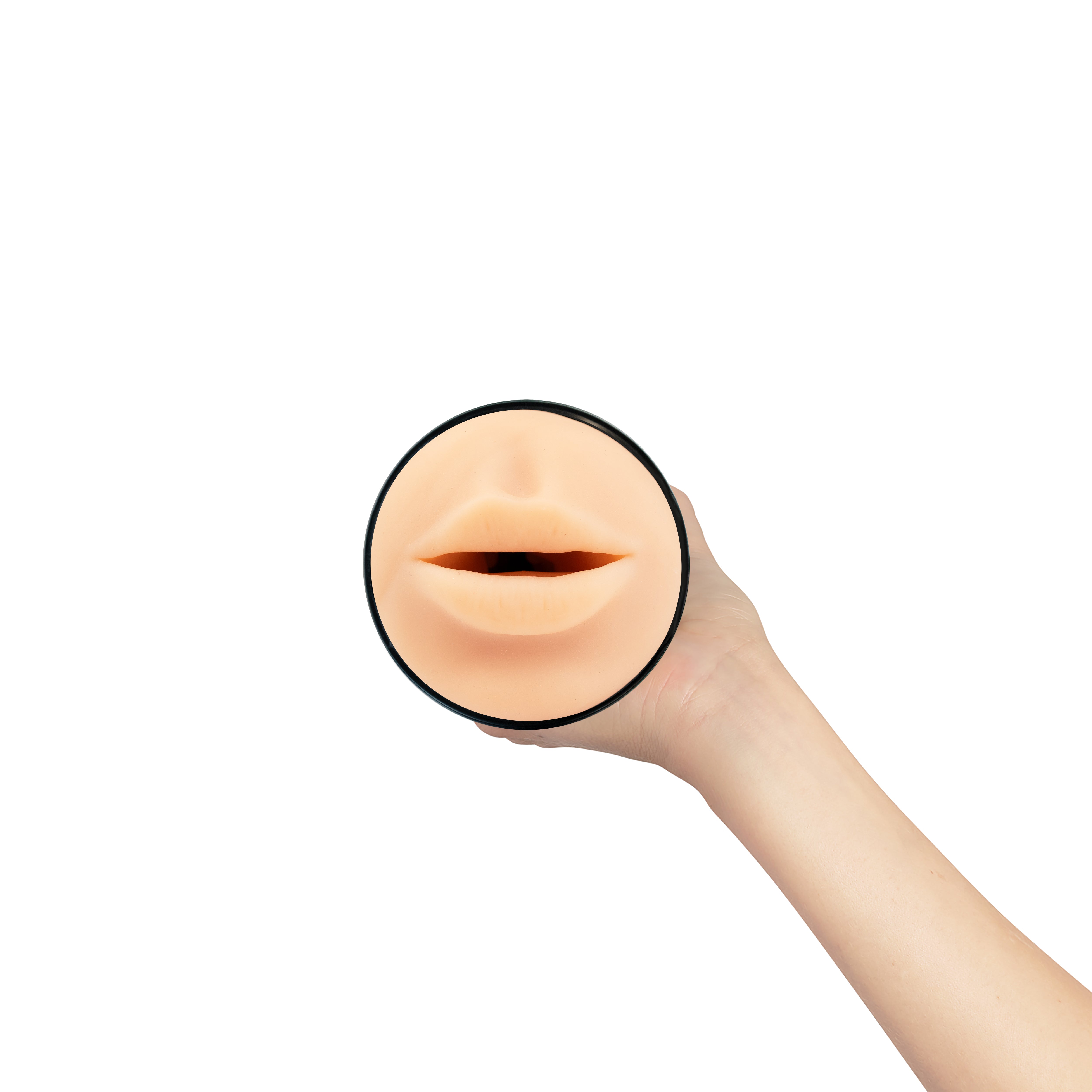 A hand holds a realistic mouth stroker with a black rim.