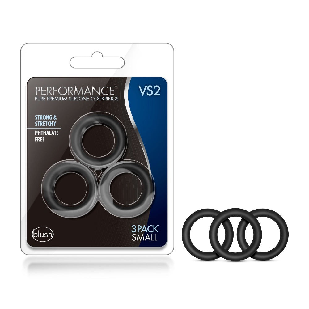 Three black silicone cock rings in packaging and three loose rings.