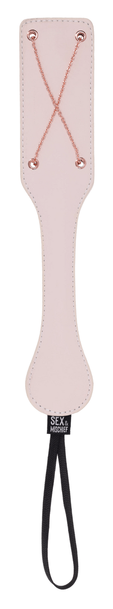 Faux leather paddle with rose gold chains and wrist loop.