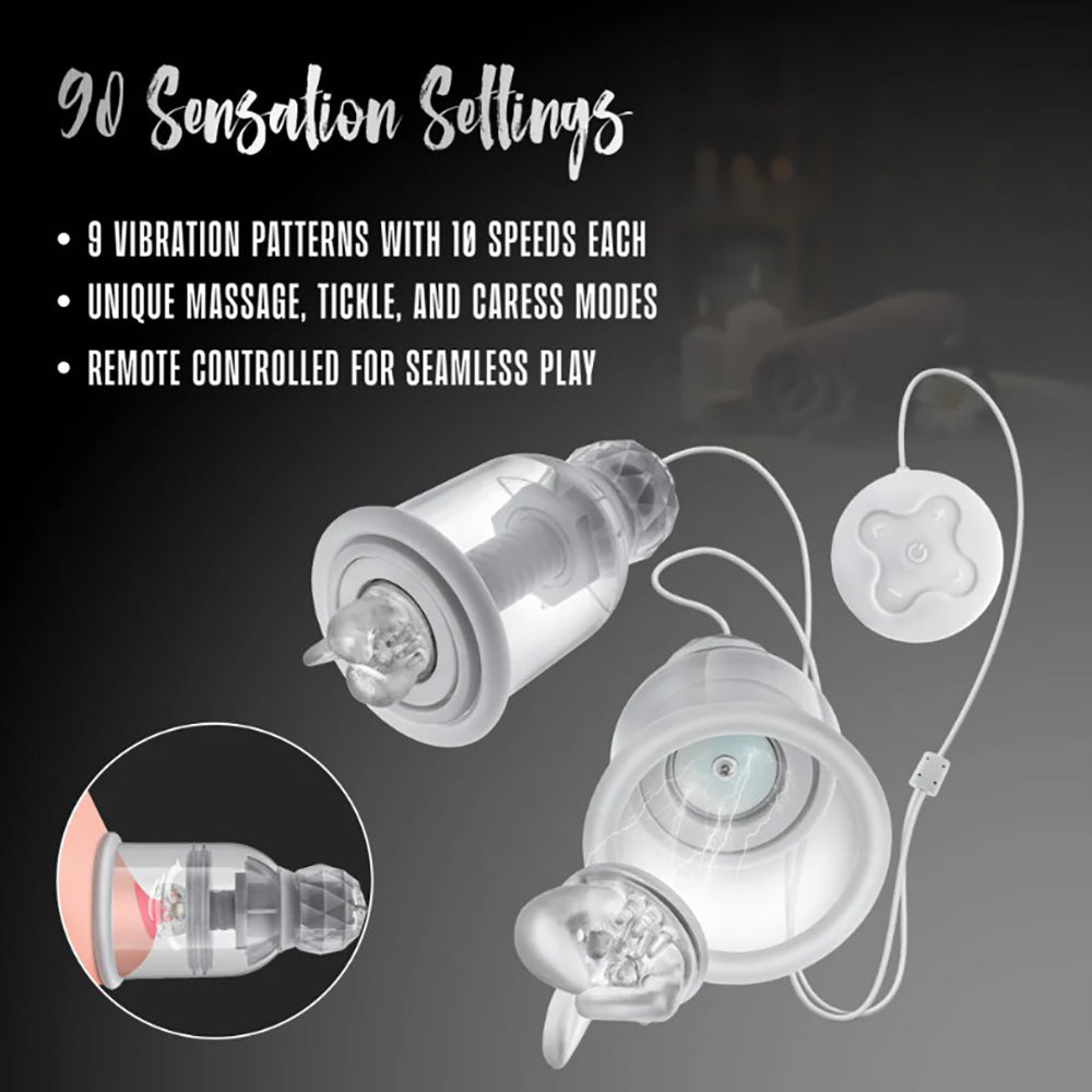 Wearable nipple massager with remote control and 90 sensation settings.