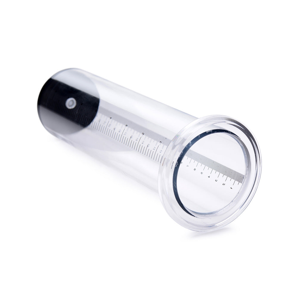 Clear penis pump cylinder with measurement markings and a pressure gauge.
