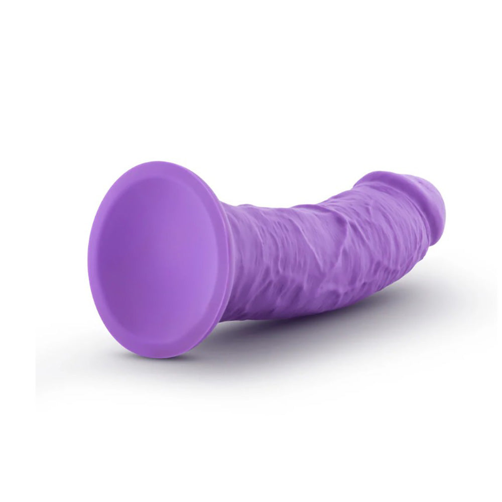 A purple silicone dildo with a suction cup base and textured shaft.