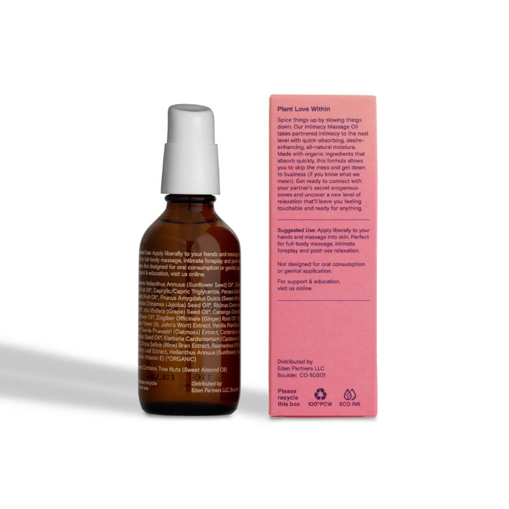 A bottle of Foria Intimacy Massage Oil with organic botanicals.