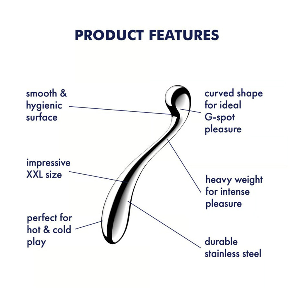 A curved, heavy stainless steel dildo with a smooth surface.