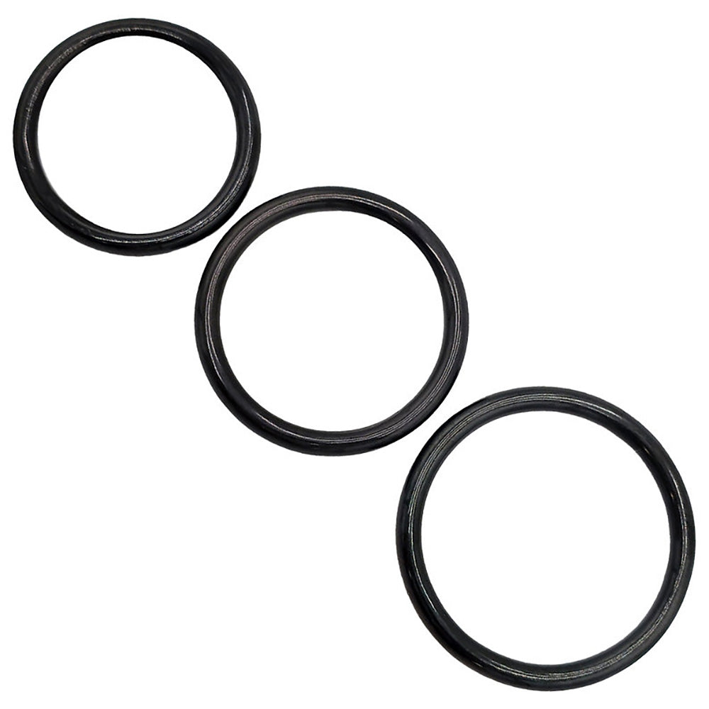 Three black stainless steel cock rings of varying sizes.