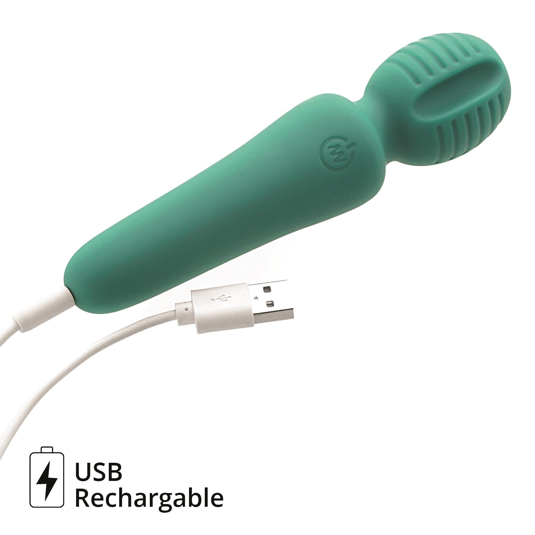 A teal wand vibrator with a USB charging cable and "USB Rechargeable" text.