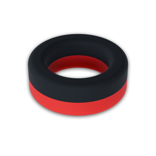 Thick black and red silicone cock ring.