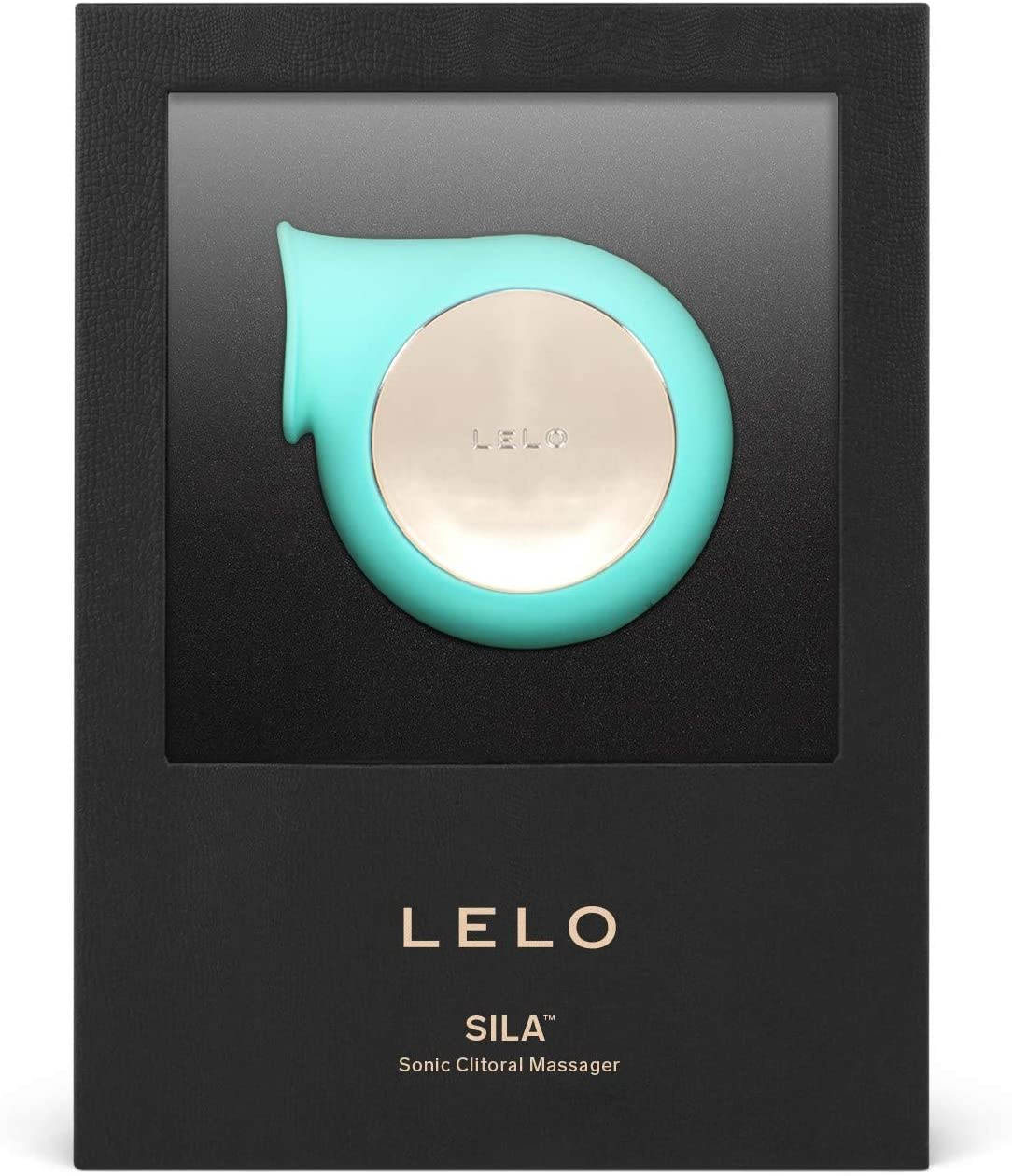 A teal Lelo Sila sonic clitoral massager in a black box.