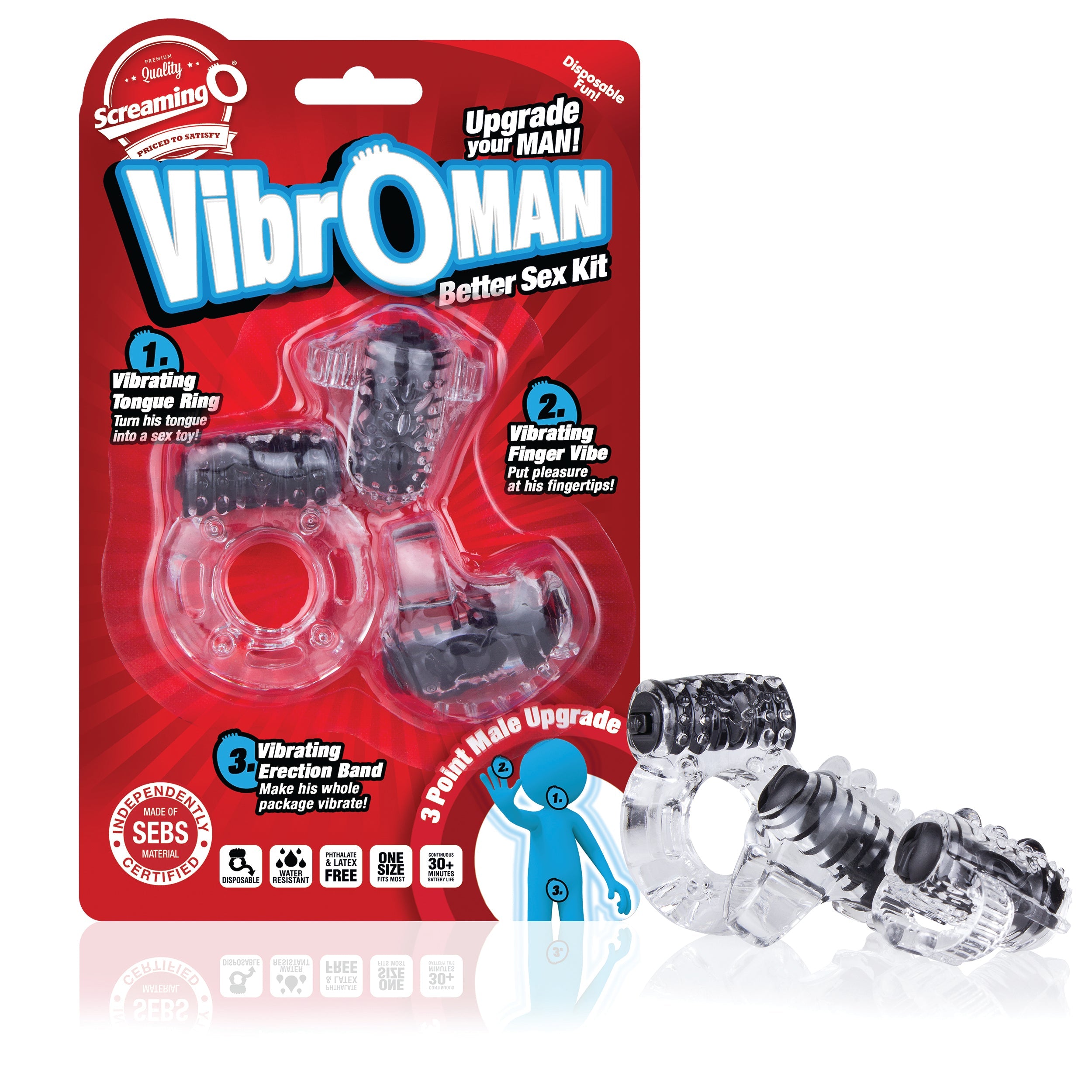 VibrOMan 3-piece couples vibrator starter kit in black.