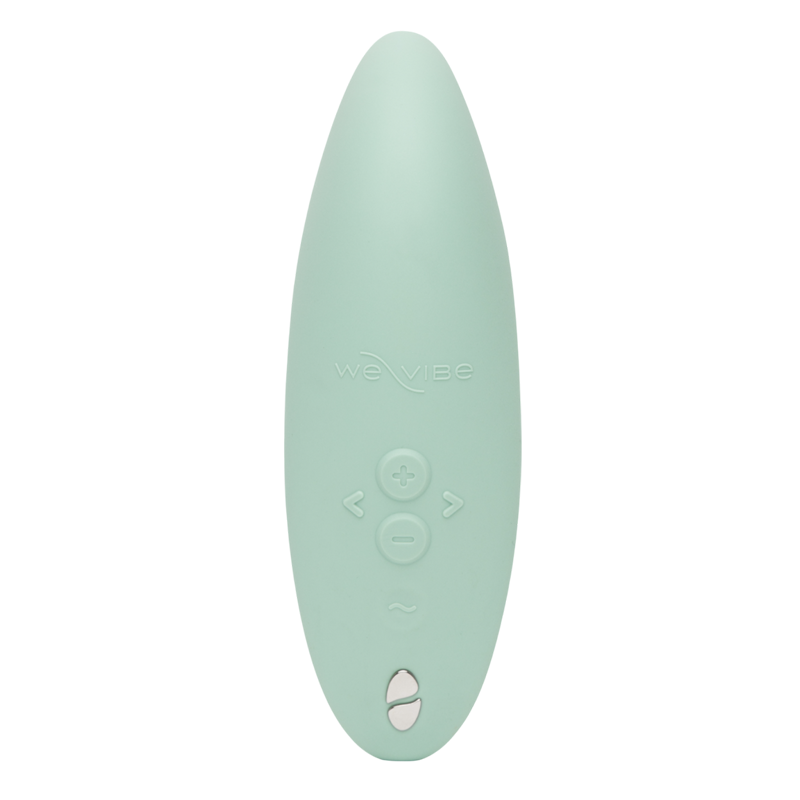 A sage green We-Vibe Melt 2 clitoral stimulator with control buttons.